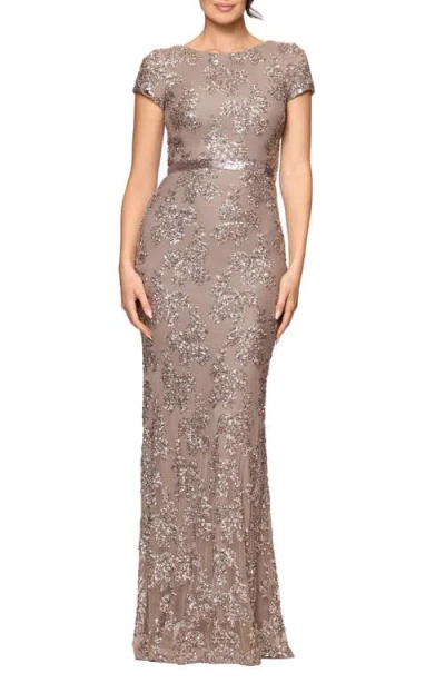 Betsy & Adam Keisha Sequin Embellished Short Sleeve Gown In Taupe In Gray