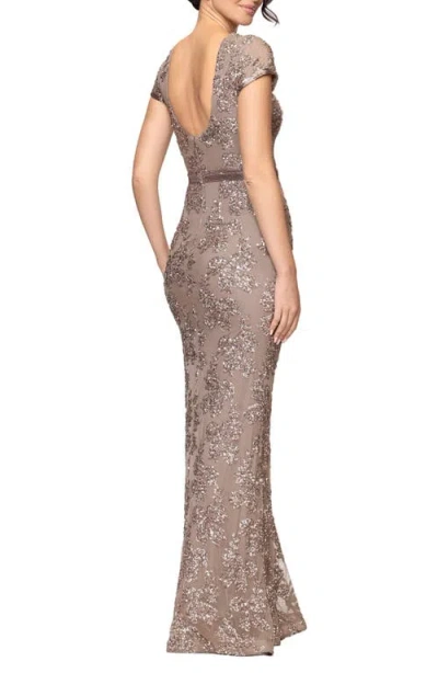Betsy & Adam Keisha Sequin Embellished Short Sleeve Gown In Taupe In Gray