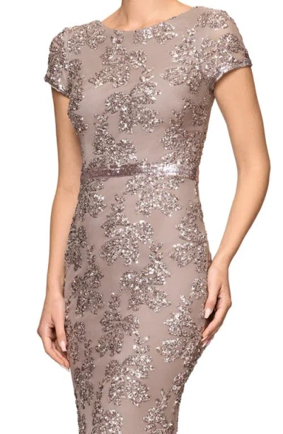 Betsy & Adam Keisha Sequin Embellished Short Sleeve Gown In Taupe In Gray
