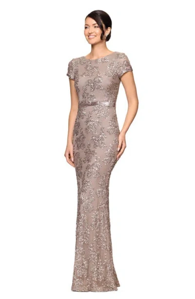 Betsy & Adam Keisha Sequin Embellished Short Sleeve Gown In Taupe In Gray