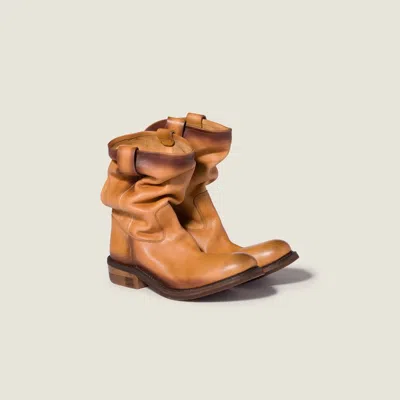 Miu Miu Leather Ankle Boots Round Toe Pull Tab In Brown