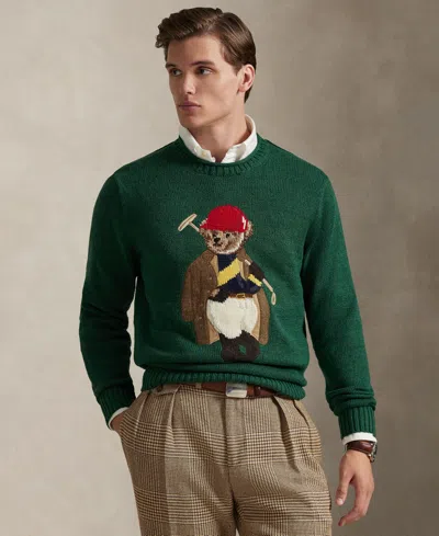 Polo Ralph Lauren Long Sleeve Cotton Linen Society Bear Rollneck Sweater In Green