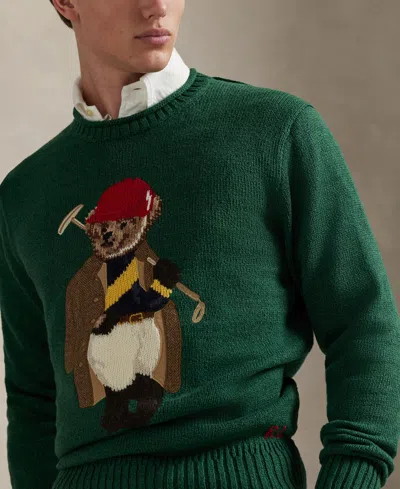 Polo Ralph Lauren Long Sleeve Cotton Linen Society Bear Rollneck Sweater In Green