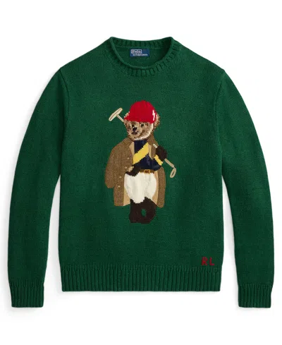 Polo Ralph Lauren Long Sleeve Cotton Linen Society Bear Rollneck Sweater In Green