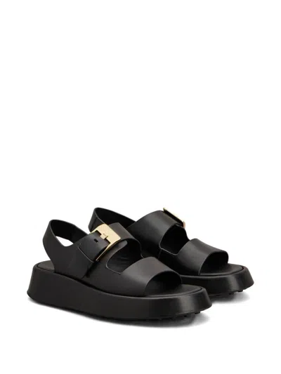 Tod's Leather Sandals With Double Strap And Maxi Buckle In Black