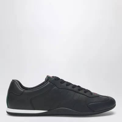 Gucci Men Black Low Top Sneakers With Web Tongue In Leather Man In Black
