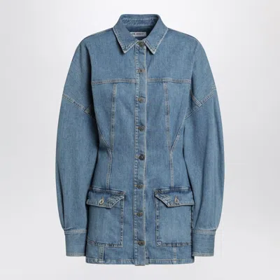 Attico Denim Mini Dress Front Pockets Long Sleeves In Blue