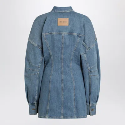 Attico Denim Mini Dress Front Pockets Long Sleeves In Blue