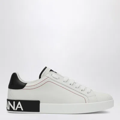 Dolce & Gabbana Portofino White Low Top Sneakers With Patch Logo And Red Stitching In Smooth Leather Man