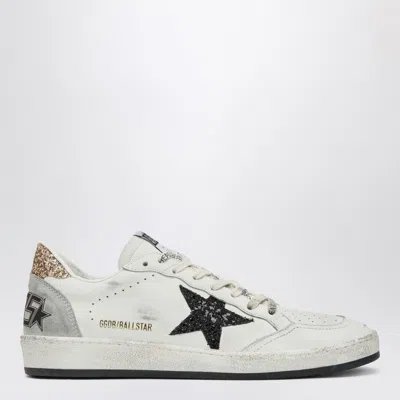 Golden Goose Ballstar White Low Top Sneakers With Glittered Star Patch On The Side And Glittered Heel With Logo L