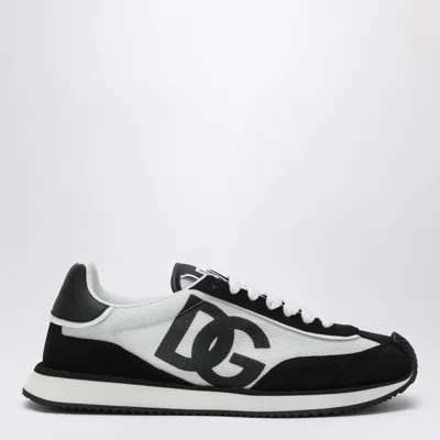 Dolce & Gabbana Dg Cushion White And Black Low Top Sneakers With Logo Print In Mixed Materials Woman