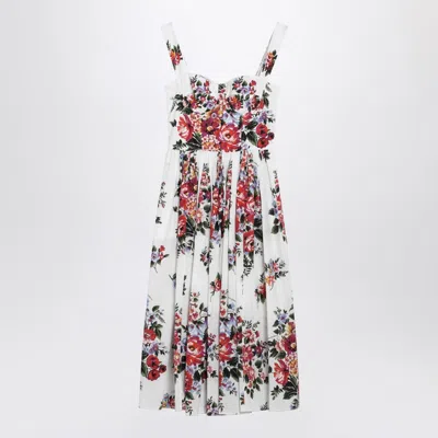 Dolce & Gabbana White Cotton Midi Dress With Floral Print Dolce E Gabbana In Multi