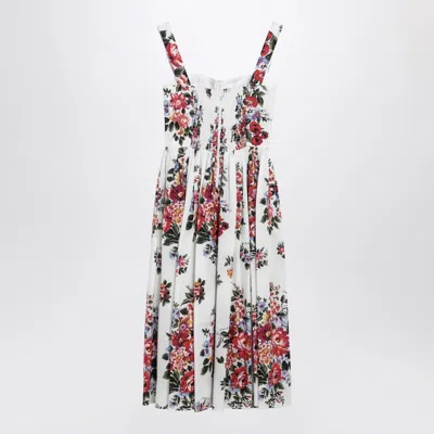 Dolce & Gabbana White Cotton Midi Dress With Floral Print Dolce E Gabbana In Multi