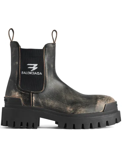 Balenciaga Strike Distressed Leather Chelsea Boots In Black