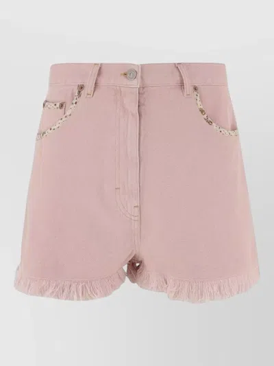 Valentino Knee Length Shorts Frayed Hem Floral Pockets Belt Loops In Pink