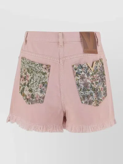 Valentino Knee Length Shorts Frayed Hem Floral Pockets Belt Loops In Pink