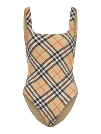 Burberry Scoop Neckline Sleeveless Checkered Beach Bodysuit In Brown