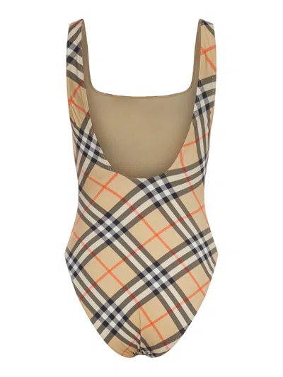 Burberry Scoop Neckline Sleeveless Checkered Beach Bodysuit In Brown