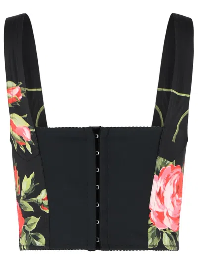 Dolce & Gabbana Top Nero In Seta Con Stampa Floreale Dolce E Gabbana In Black