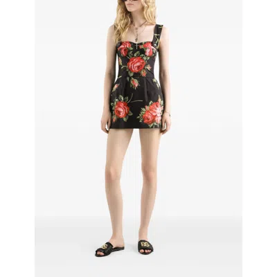 Dolce & Gabbana Floral-print Cotton Bustier Mini Dress In Black