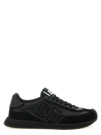 Dolce & Gabbana Round Toe Leather Sneakers With Suede Accents In Black