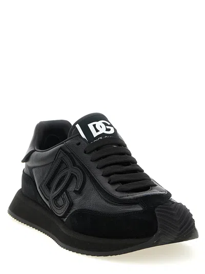 Dolce & Gabbana Round Toe Leather Sneakers With Suede Accents In Black