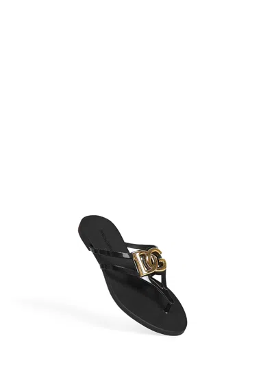 Dolce & Gabbana Black Thong Sandals With Logo Plaque On The Front In Rubber Woman