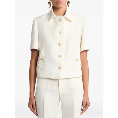 Etro Short-sleeved Cropped Linen Jacket With Pegaso Buttons In White