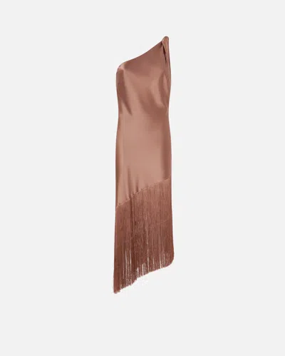 Pinko Brown Dress With Asymmetrical Design And Fringes In Tech Fabric Woman
