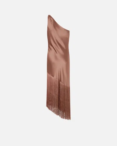 Pinko Brown Dress With Asymmetrical Design And Fringes In Tech Fabric Woman