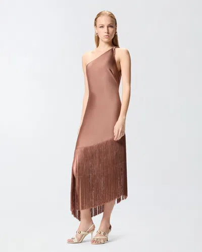 Pinko Brown Dress With Asymmetrical Design And Fringes In Tech Fabric Woman