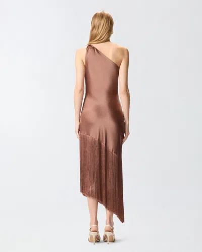 Pinko Brown Dress With Asymmetrical Design And Fringes In Tech Fabric Woman
