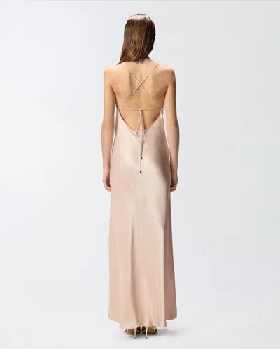Pinko Pink Sleeveless Long Dress With Criss-crossed Spaghetti Straps In Tech Fabric Woman In Gold