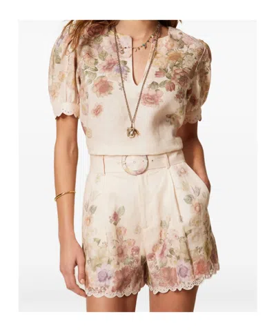 Twinset Beige Shorts With Floral Print And Waist Belt In Linen Woman In Neutral