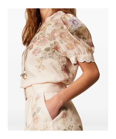 Twinset Beige Shorts With Floral Print And Waist Belt In Linen Woman In Neutral