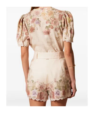 Twinset Beige Shorts With Floral Print And Waist Belt In Linen Woman In Neutral