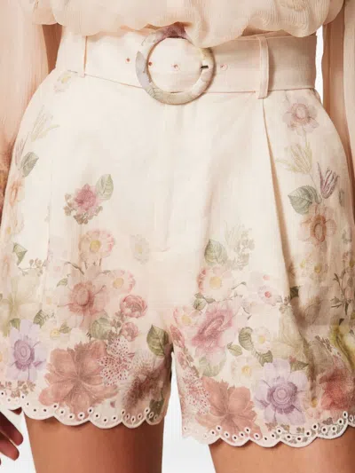 Twinset Beige Shorts With Floral Print And Waist Belt In Linen Woman In Neutral