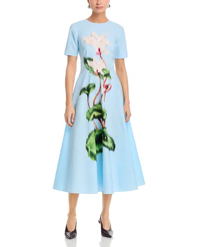 Oscar De La Renta Short Sleeve Chine Cyclamen Poplin Day Dress In Blue