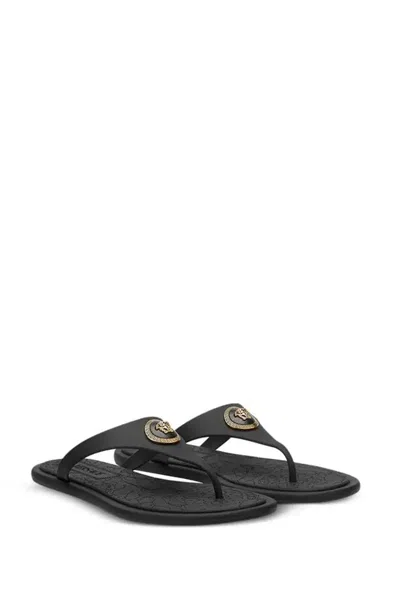 Versace Flat Sole Open Toe Sandals With Medusa Motif In Black