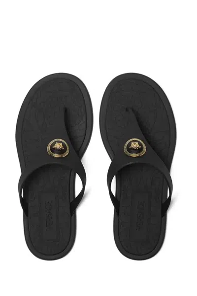Versace Flat Sole Open Toe Sandals With Medusa Motif In Black