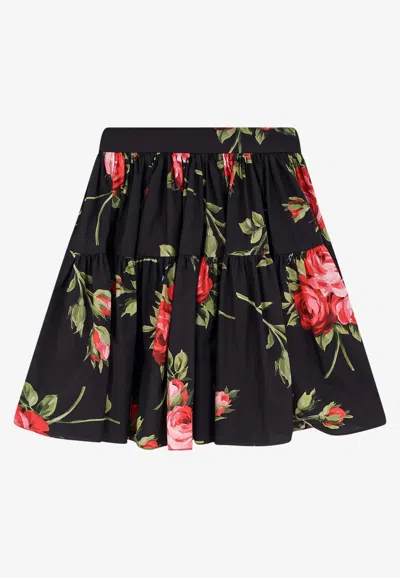 Dolce & Gabbana Mini Skirt With Rose Bouquet Print And Peplum Detail, Size 40 In Black