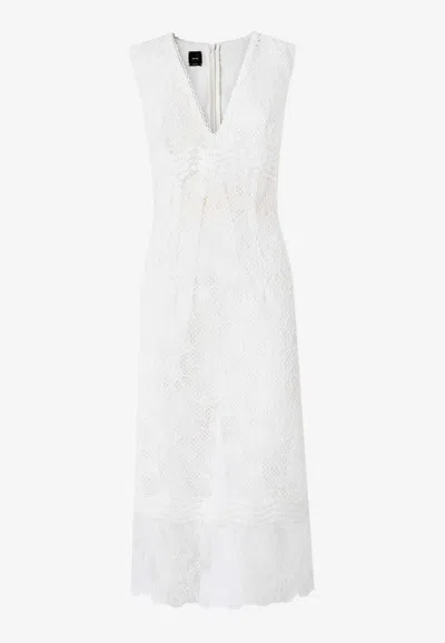 Pinko V Neck Sleeveless Lace Midi Dress In White