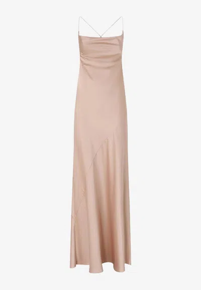 Pinko Pink Sleeveless Long Dress With Criss-crossed Spaghetti Straps In Tech Fabric Woman In Gold