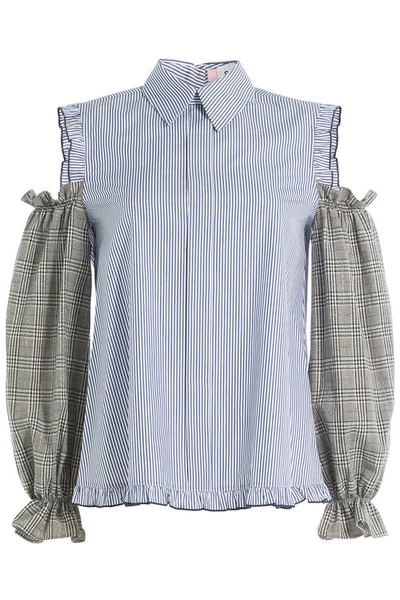 Sandy Liang Printed Cotton Blouse With Cut-out Shoulders In Dad Stripes