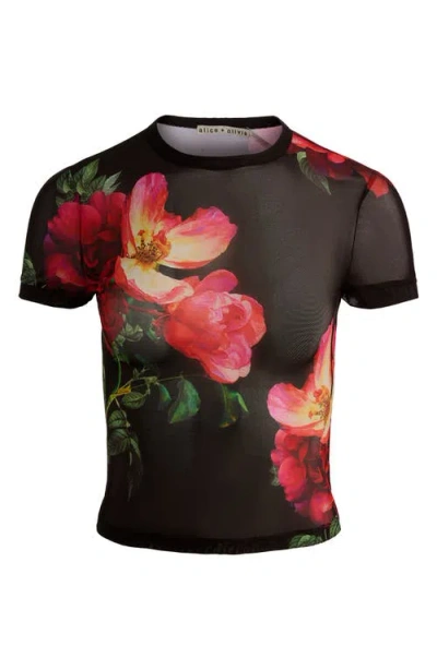 Alice And Olivia Tess Floral Crew-neck T-shirt In Black