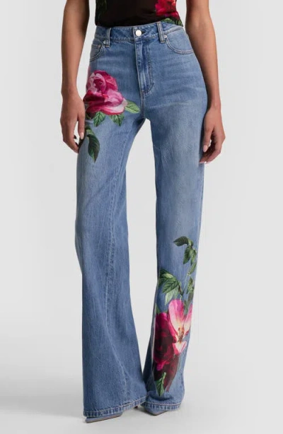 Alice And Olivia Chic High Rise Full Length Rose Print Jeans In Denver Bright Blue