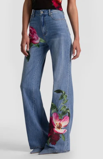 Alice And Olivia Chic High Rise Full Length Rose Print Jeans In Denver Bright Blue