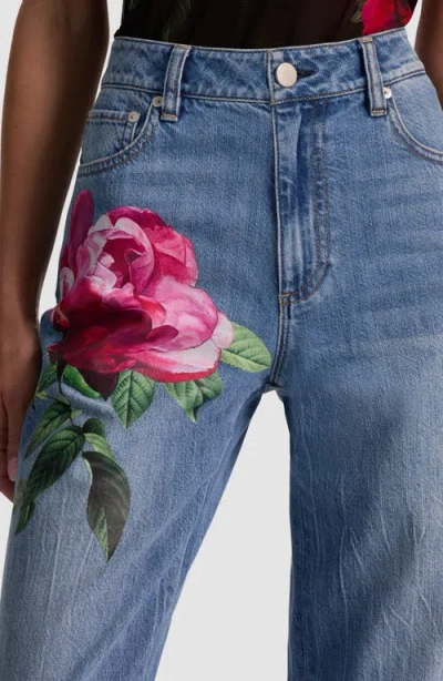 Alice And Olivia Chic High Rise Full Length Rose Print Jeans In Denver Bright Blue