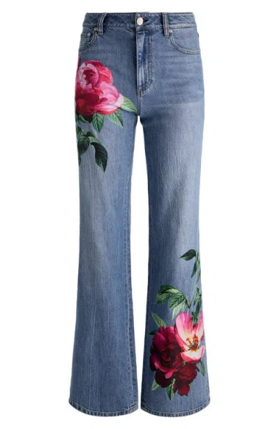 Alice And Olivia Chic High Rise Full Length Rose Print Jeans In Denver Bright Blue