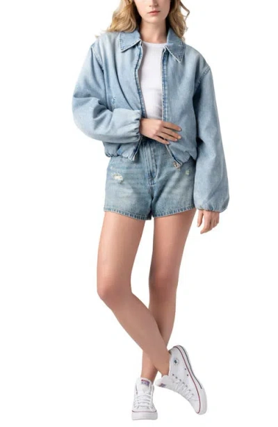 Blanknyc Bottomless Brunch Denim Bomber Jacket In Blue